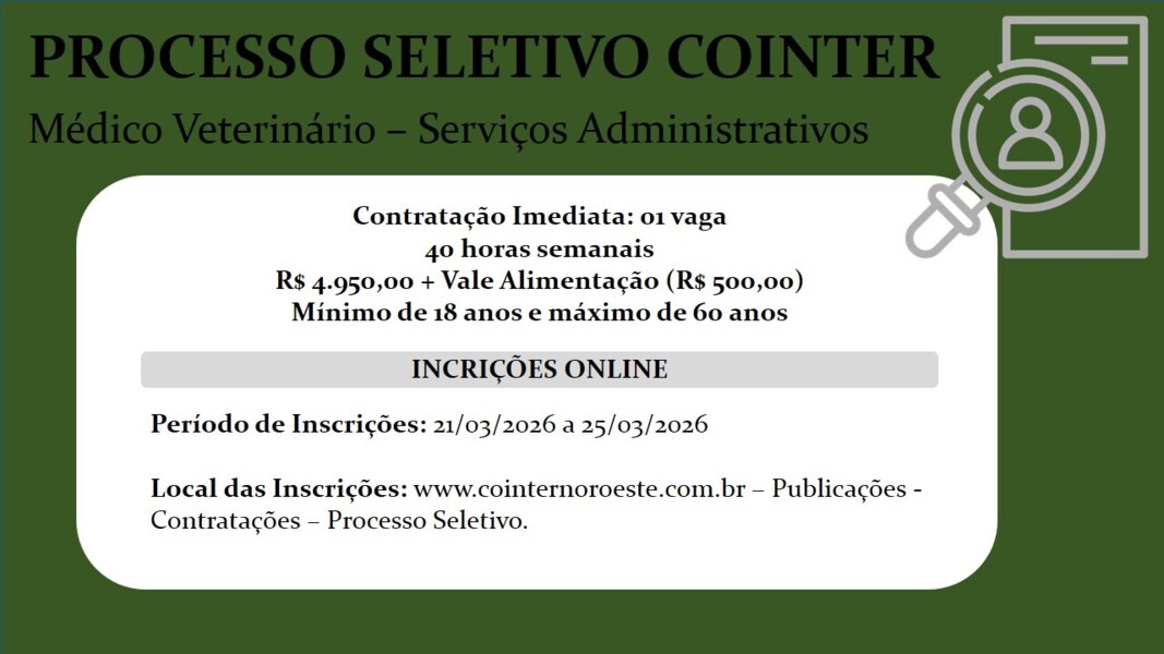 COINTER abre Processo Seletivo Simplificado 001/2026 para contratação temporária